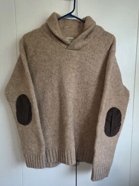 VTG L.L. Bean Shetland Wool Shawl Collar Sweater XL Oatmeal Elbow Patch